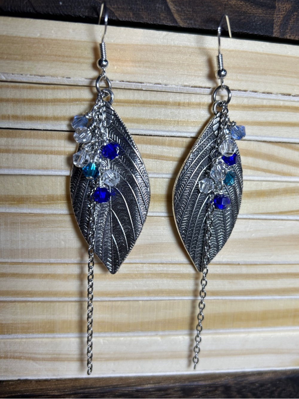 3/$25 Silver Leaf Dangle Earrings with Blue Crystal Accents
